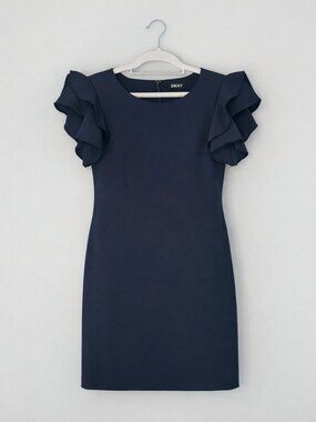 DKNY Navy Blue Ruffle‑Sleeve, Fit & Flare, Knee Length Dress